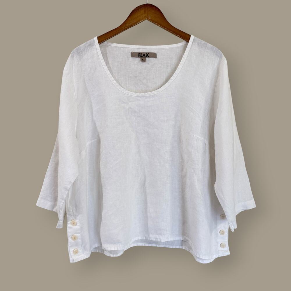 FLAX Linen 3/4 Sleeve Scoop Neck Boxy Top L White Side Buttons Lagenlook Boho